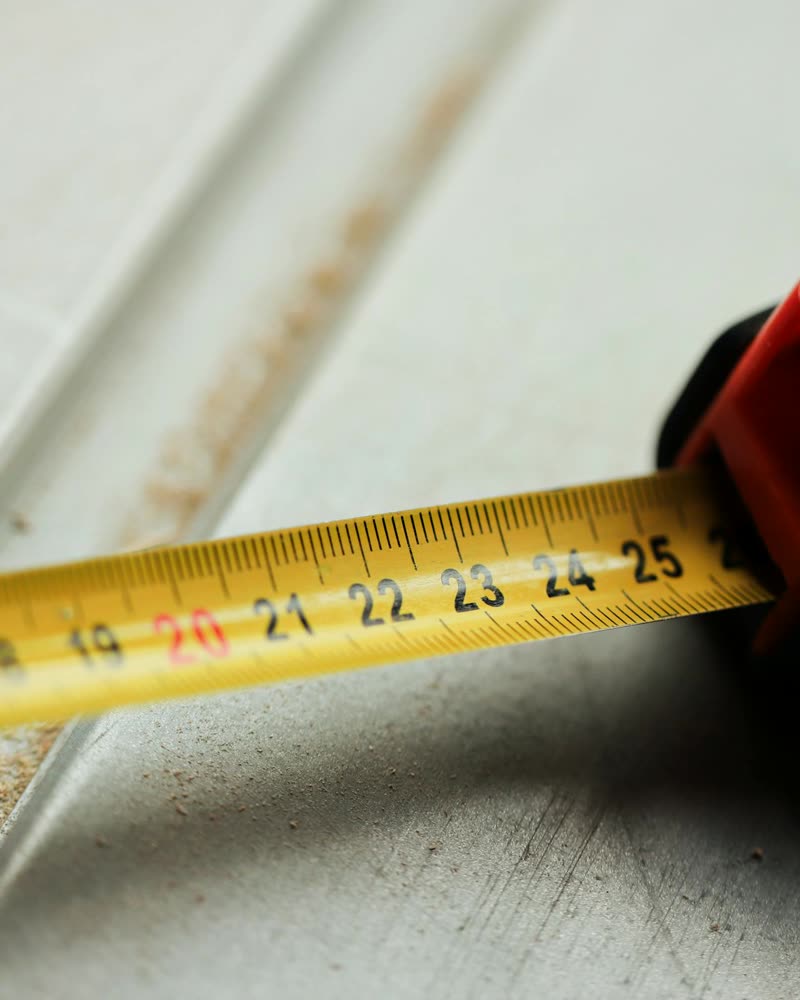 A yellow tape measure extended across a dusty timber surface, numbers visible