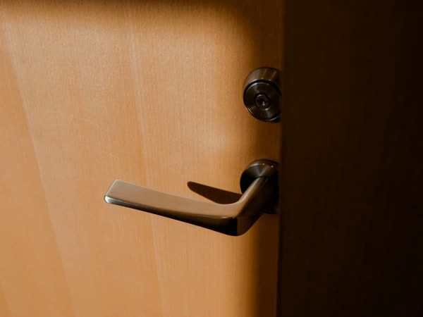 A close-up of a deadbolt and lever handle on a wooden door